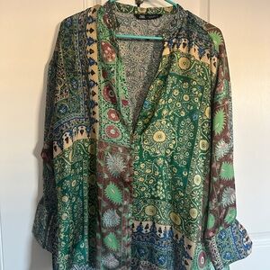 Zara Green and Blue Patterned Paisley Button Up Blouse
